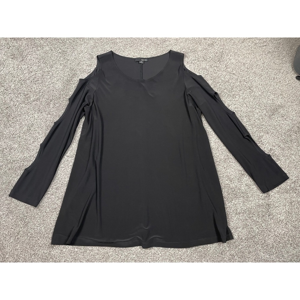 Sun Kim Shirt Womens Medium Black Slinky Cold‎ Shoulder Stretch Tunic Lagenlook